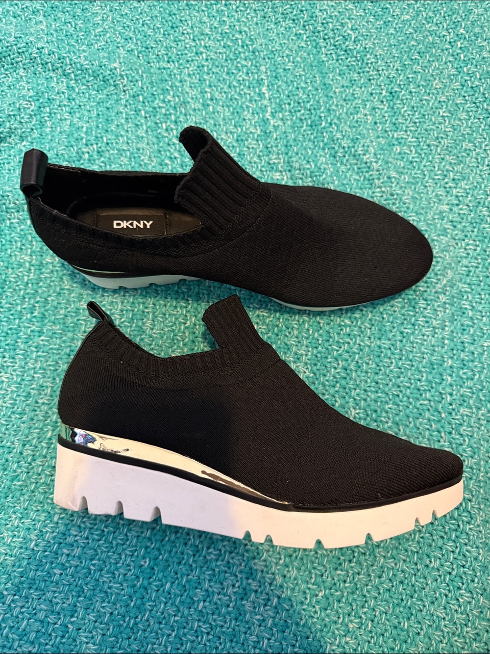DKNY Black Knit Slip-On Sneakers with White Platform Sole